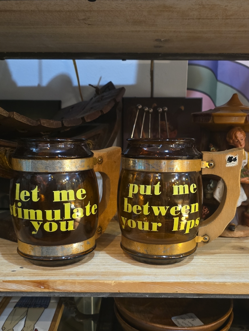 Pair of Vintage Amber Glass Barrel Mugs with Wooden Handles Funny Sayings